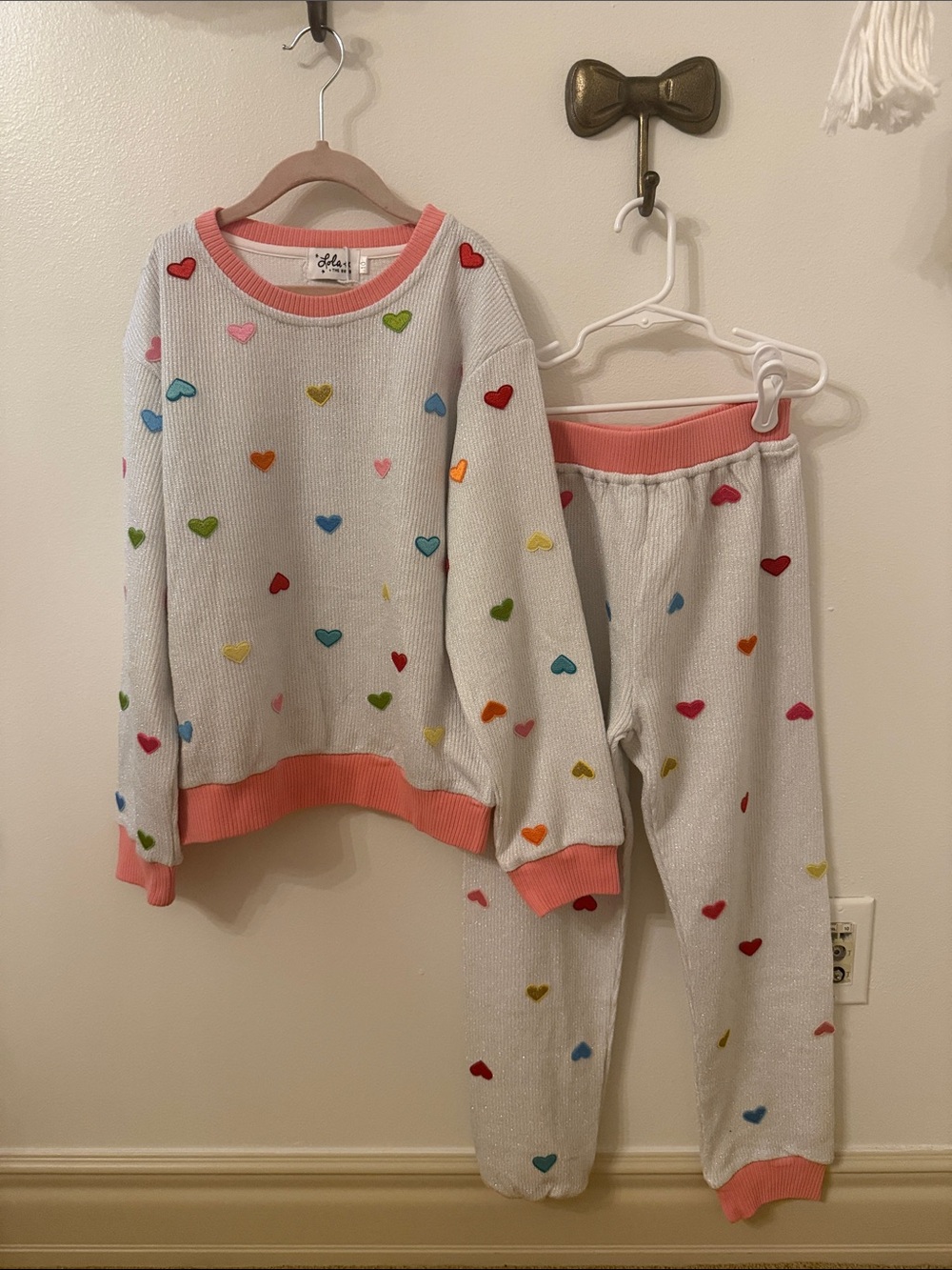 Lola + The Boys Metallic White Set with Multicolor Heart Embroidery
